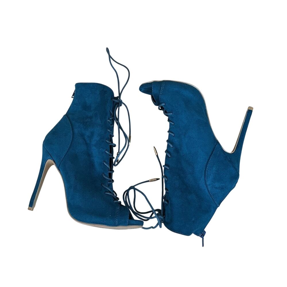 Shoe Republic LA Heels Women’s 8 Teal Blue Suede Lace Up Peep Toe Stiletto
